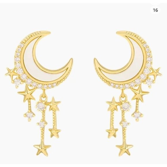 NWT 14K Gold Plated Star & Moon Sparkly Dangly Stud Earrings Women's - Picture 10 of 13